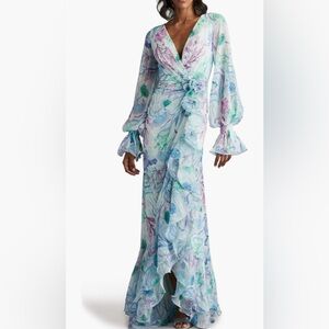 Tadashi Shoji Floral Long Sleeve Ruffle Gown